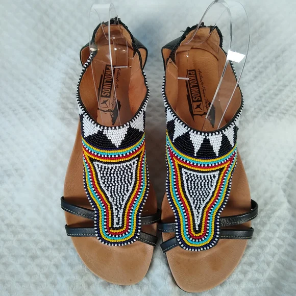 PIKOLINOS Spain Black Leather Sandals with Intricate Beadwork Sz 39